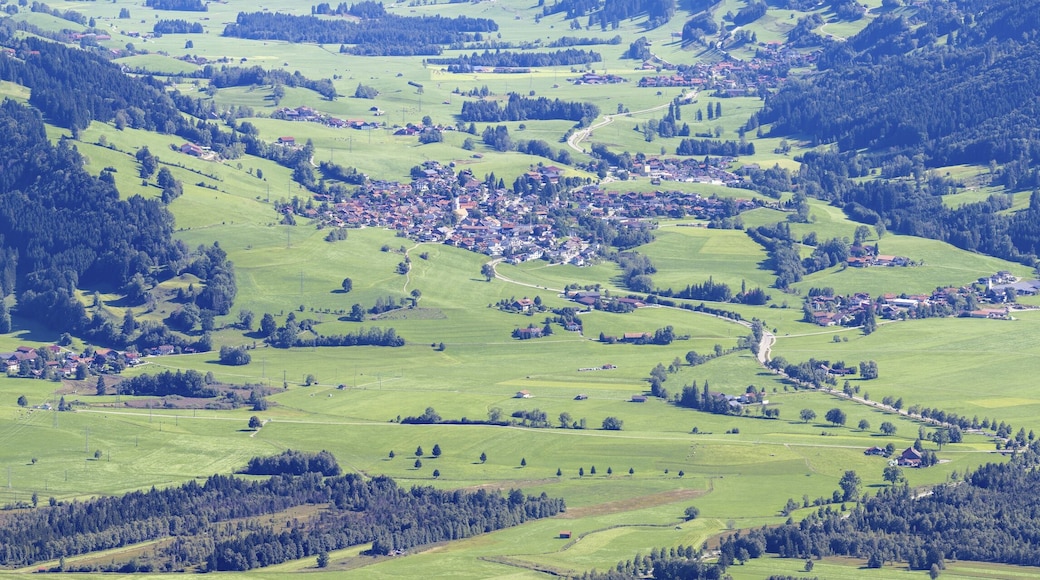 Panorama from Mittagberg, 1451m, into the Upper Illertal with the municipality of Rettenberg, behind it the district of Kranzegg, Oberallgäu, Allgäu, Bavaria, Germany