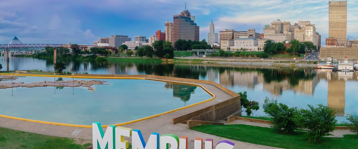 The Memphis Sign on Mud Island, and downtown Memphis, Tennessee, United States of America.