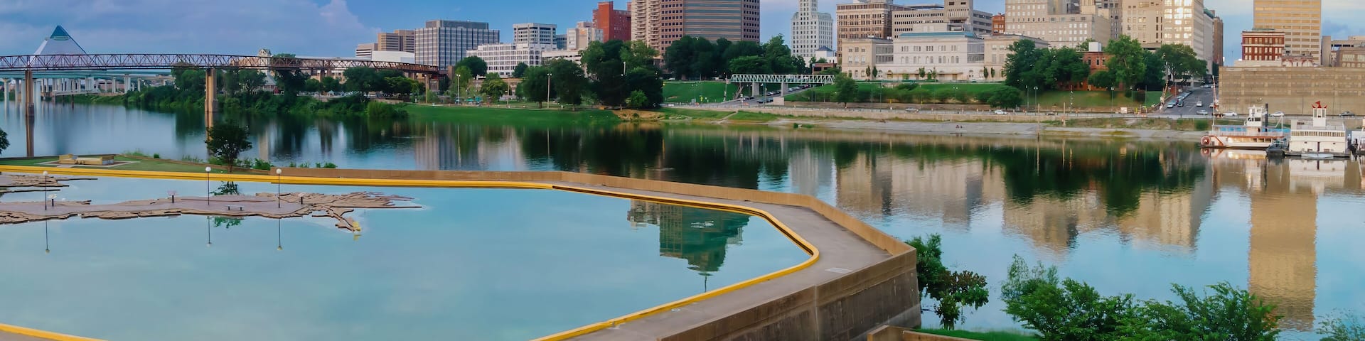 The Memphis Sign on Mud Island, and downtown Memphis, Tennessee, United States of America.