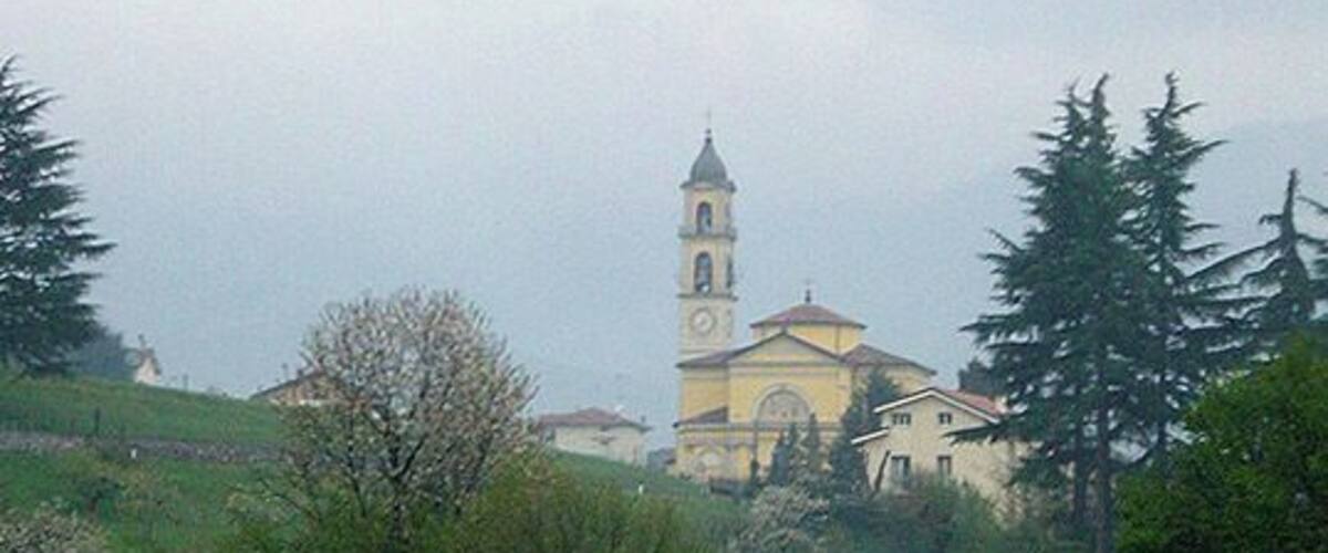 A church with a bell tower surrounded by greenery and trees.