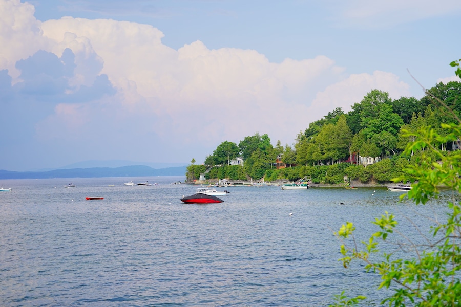 Landscape of Lake Champlain and island at Vermont, USA