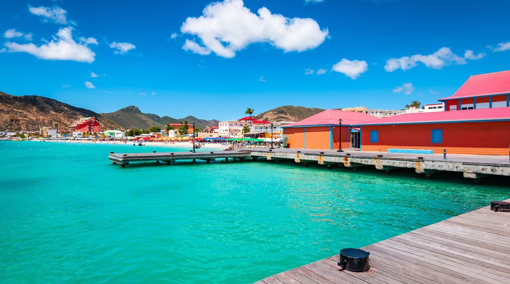 A coastal town with turquoise waters, a wooden pier, and buildings with red roofs.