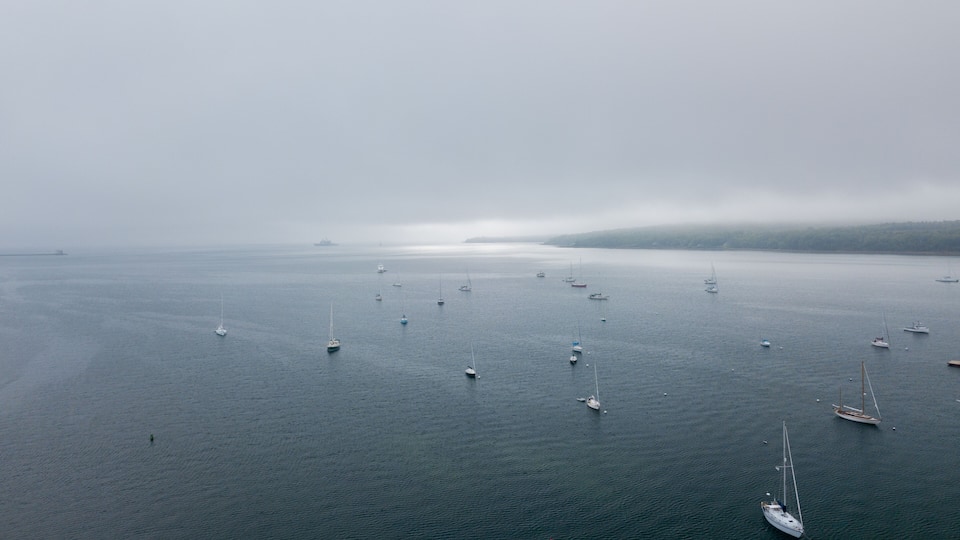 A calm sea with multiple sailboats anchored, a distant ship, and a hazy shoreline.