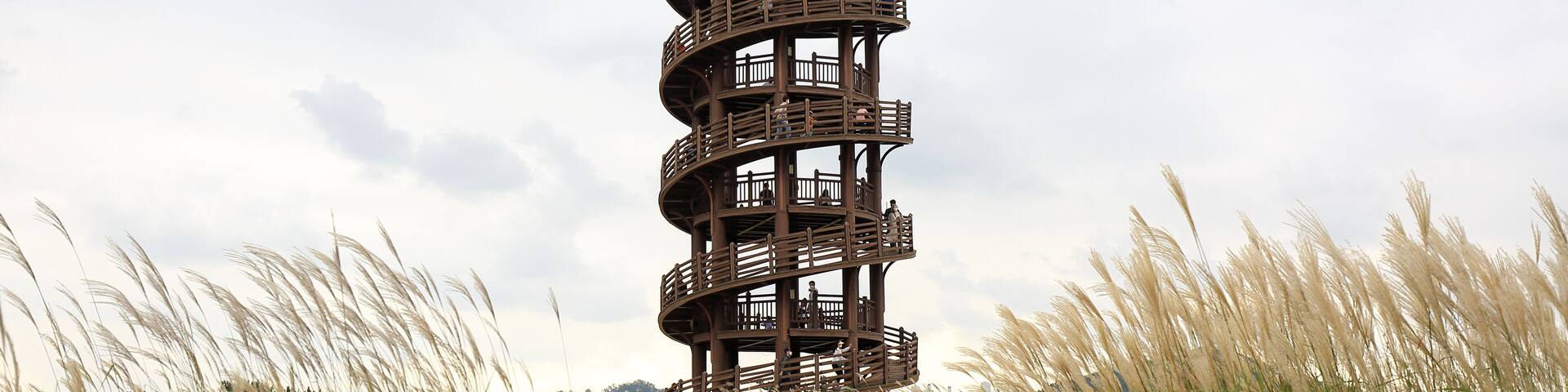 A spiral tower structure surrounded by tall grass and a narrow path leading to it.