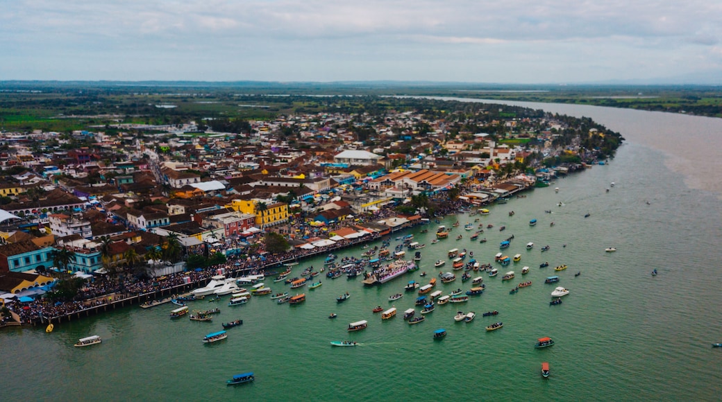 Aerial photo of many boats carrying the Virgen de la Candelaria in Tlacotalpan Veracruz, Mexico