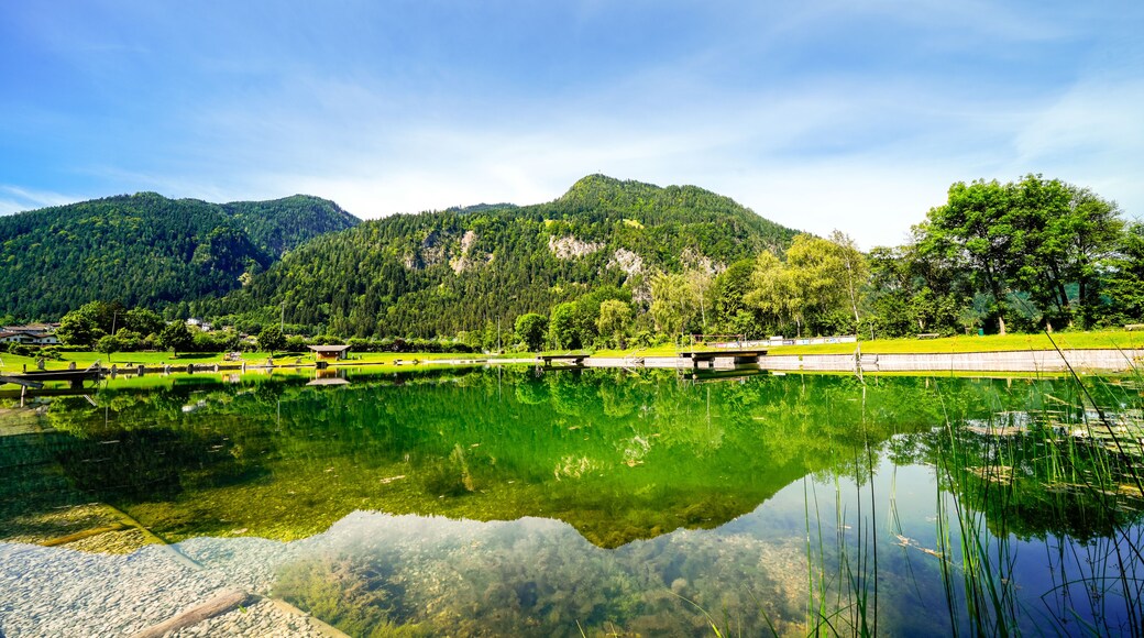 View of nature at Schlitterer See in the Zillertal. Idyllic landscape by the lake in Schlitters, Austria.