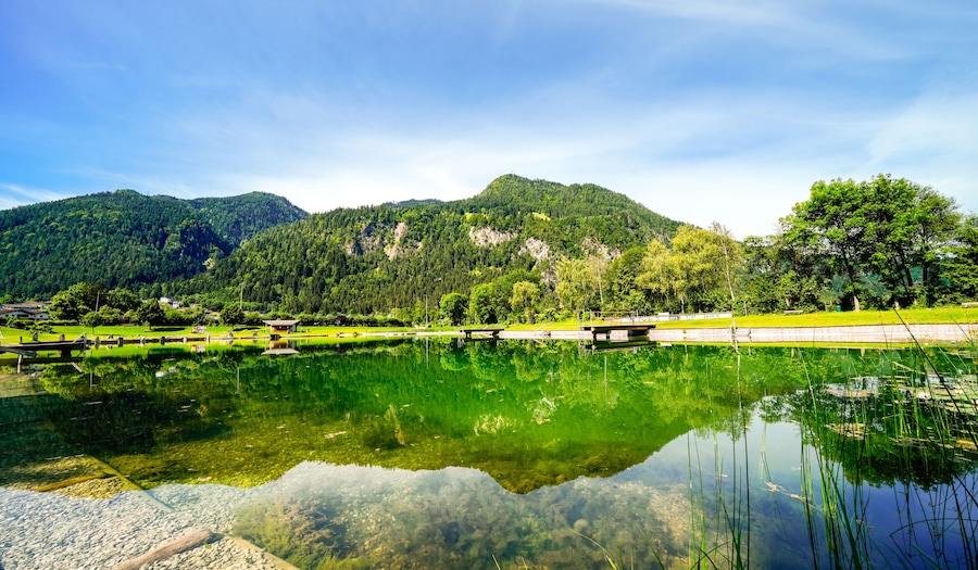 View of nature at Schlitterer See in the Zillertal. Idyllic landscape by the lake in Schlitters, Austria.