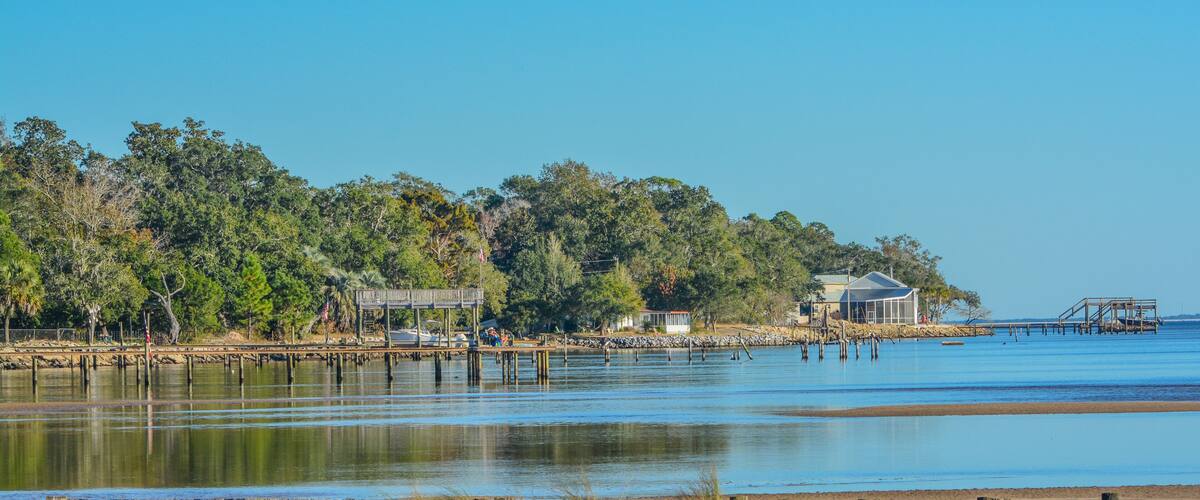 The shoreline on Hammock Bay in Freeport, Walton County, Florida