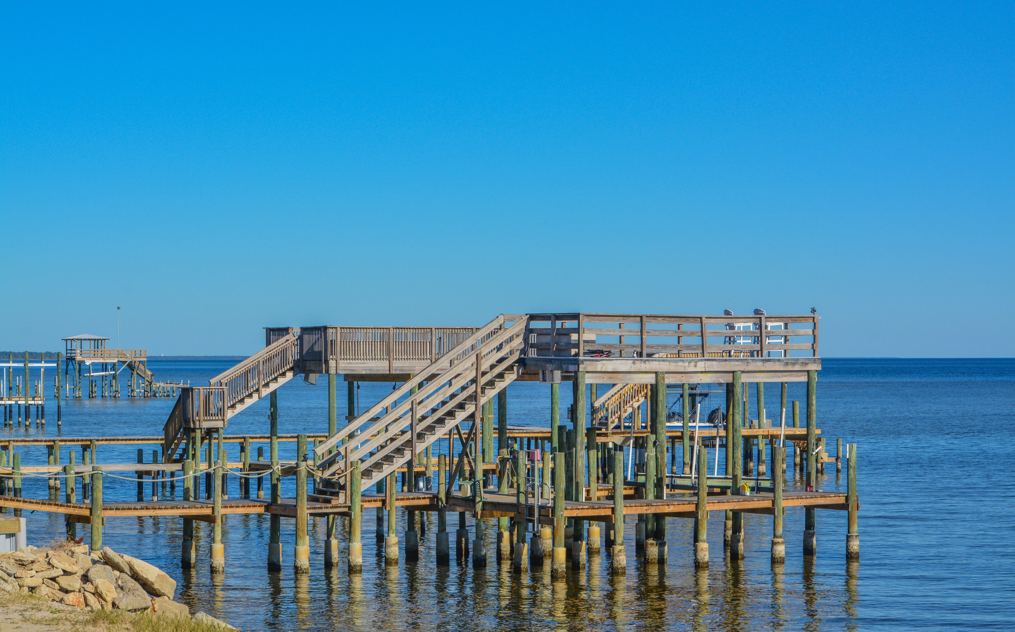 Docks extending out on Hammock Bay in Freeport, Walton County, Florida