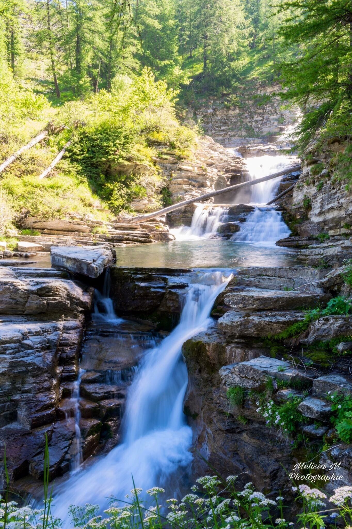 A waterfall cascading over rocky terrain surrounded by lush greenery.