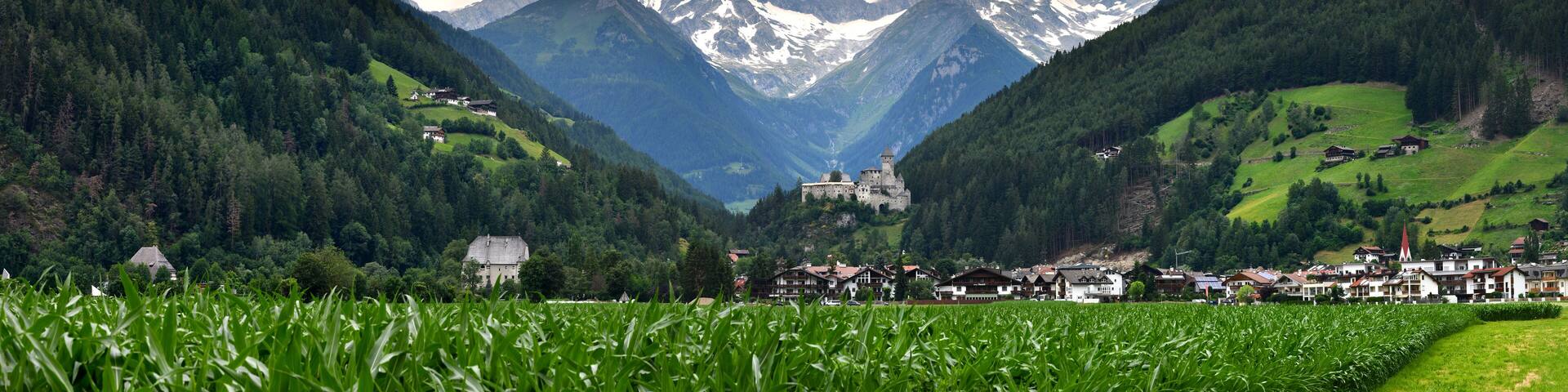 Beautiful view of Campo Tures with Taufers Castle. Valle Aurina near Brunico, South Tyrol in Italy.