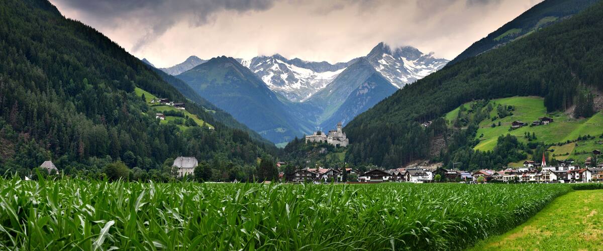 A valley with a castle, houses, and snow-capped mountains.