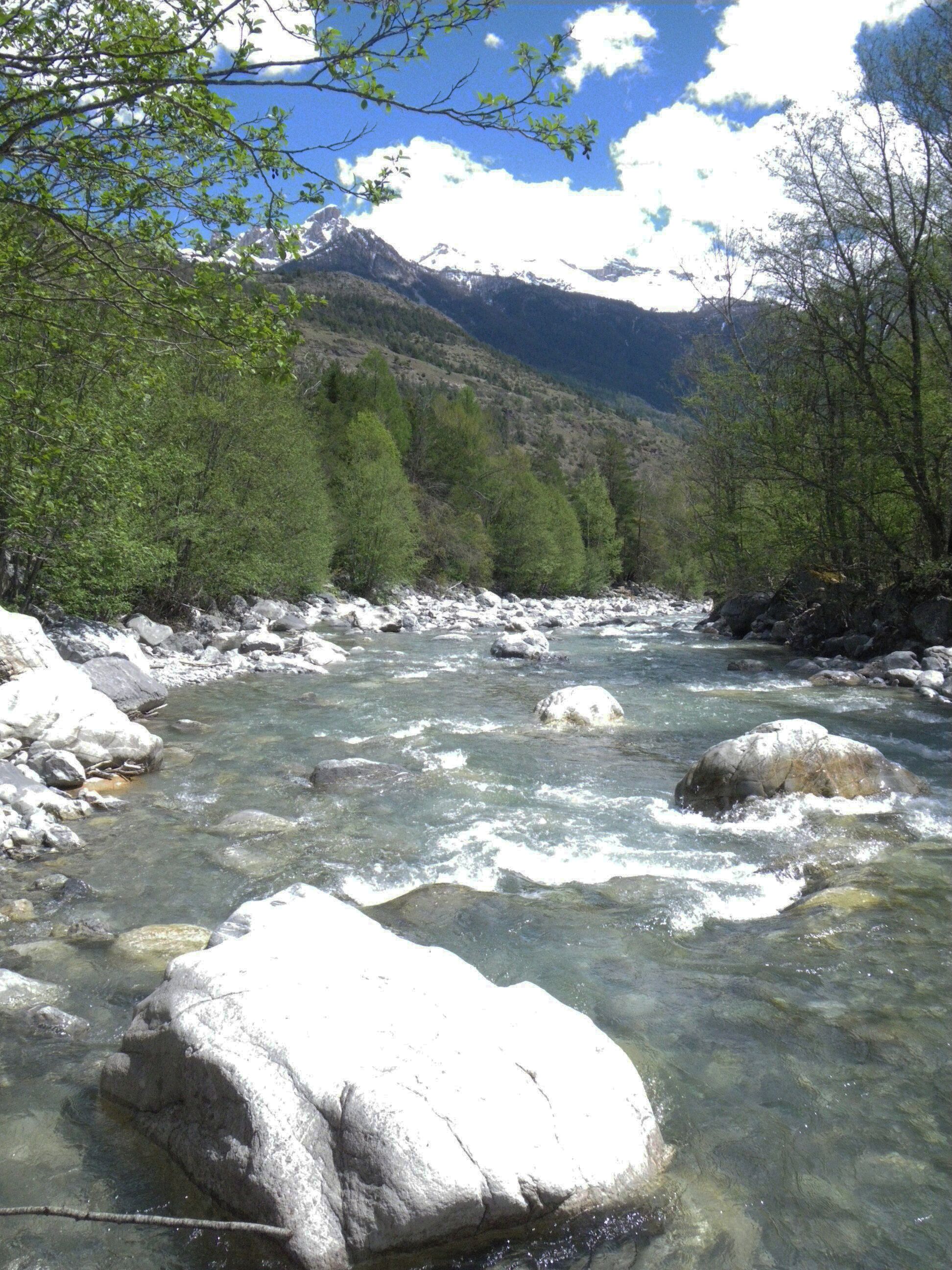 A clear mountain stream with large rocks, surrounded by green trees and mountains in the background.