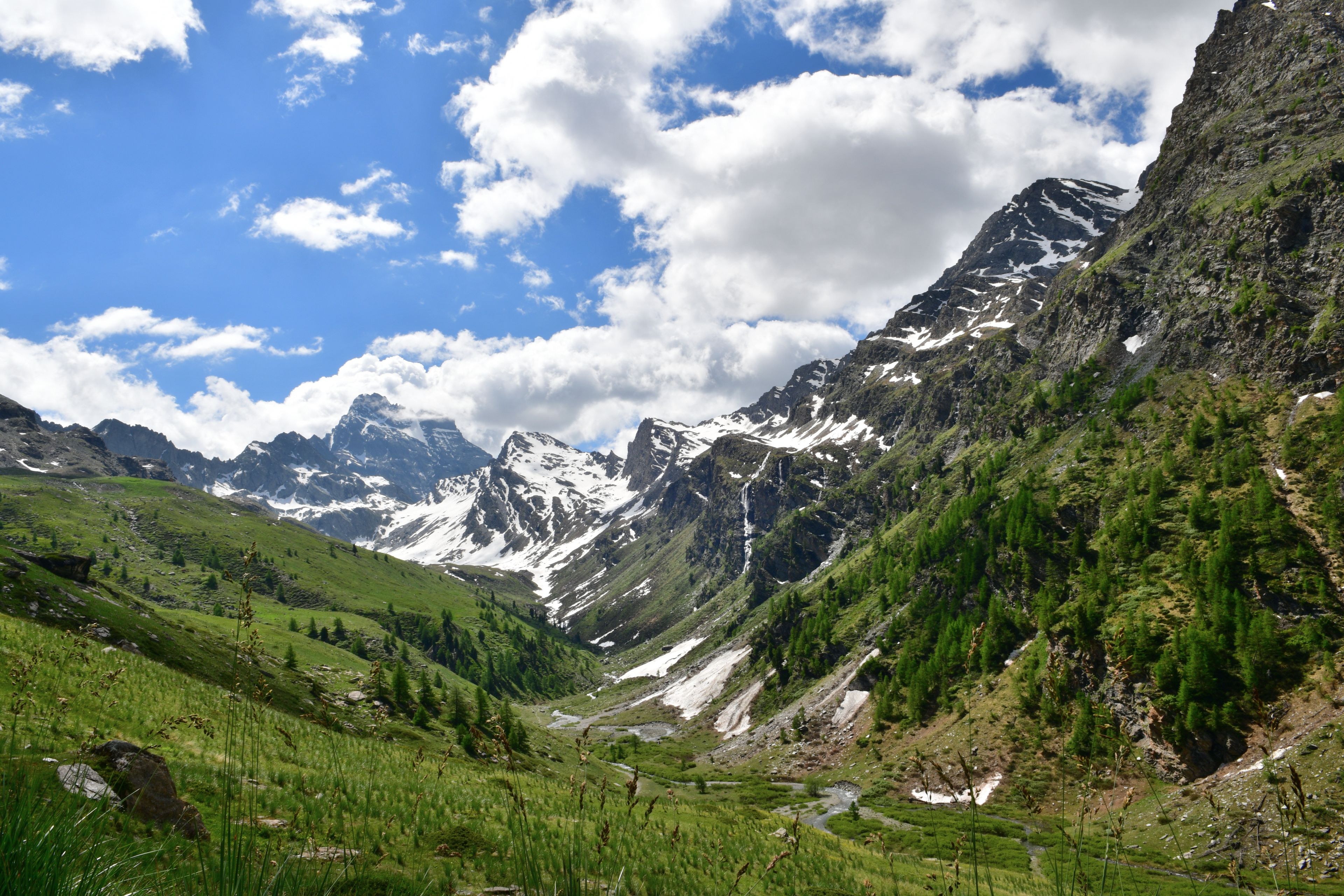 Eine gebirgige Landschaft mit einem Tal, schneebedeckten Gipfeln und einem Fluss.