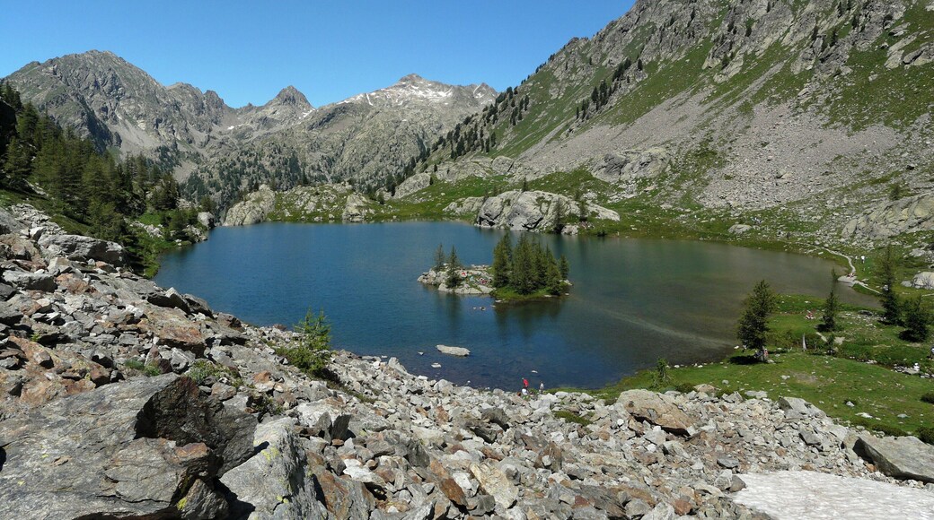 Trécolpas Lake and, in the background, Pélago mount (2768 m), caïres nègres du Pélago, cime de Baissette (2822 m) and tête de la ruine (2984 m) in Mercantour national park, Maritime Alps, France