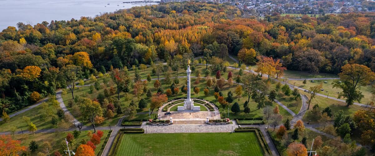 Aerial view of Perry's Victory Memorial in autumn.