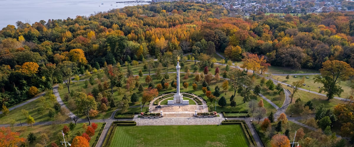 Aerial view of Perry's Victory Memorial in autumn.