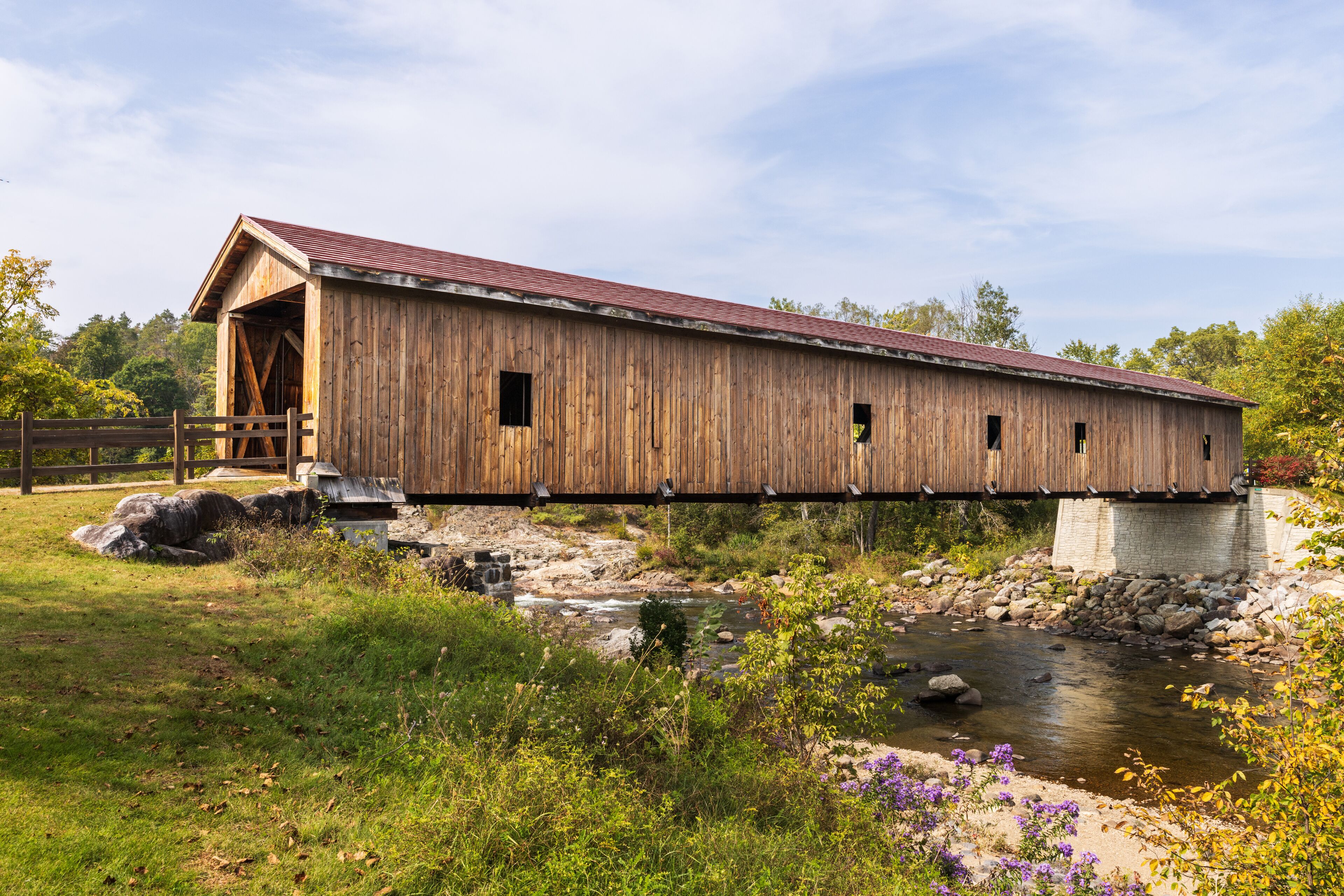 Historic covered bridge in Jay, New York, Adirondack Mountains.