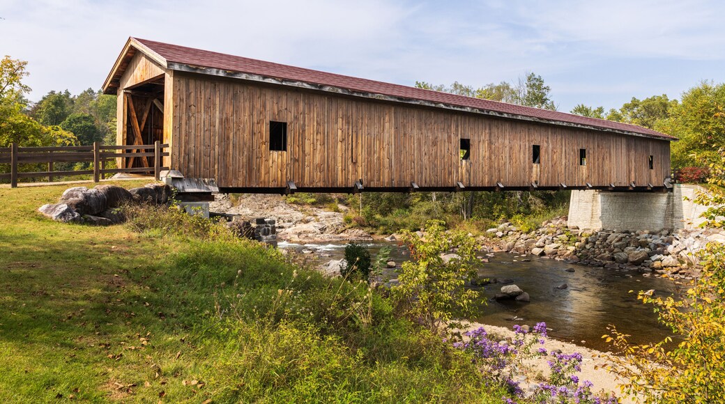 Historic covered bridge in Jay, New York, Adirondack Mountains.