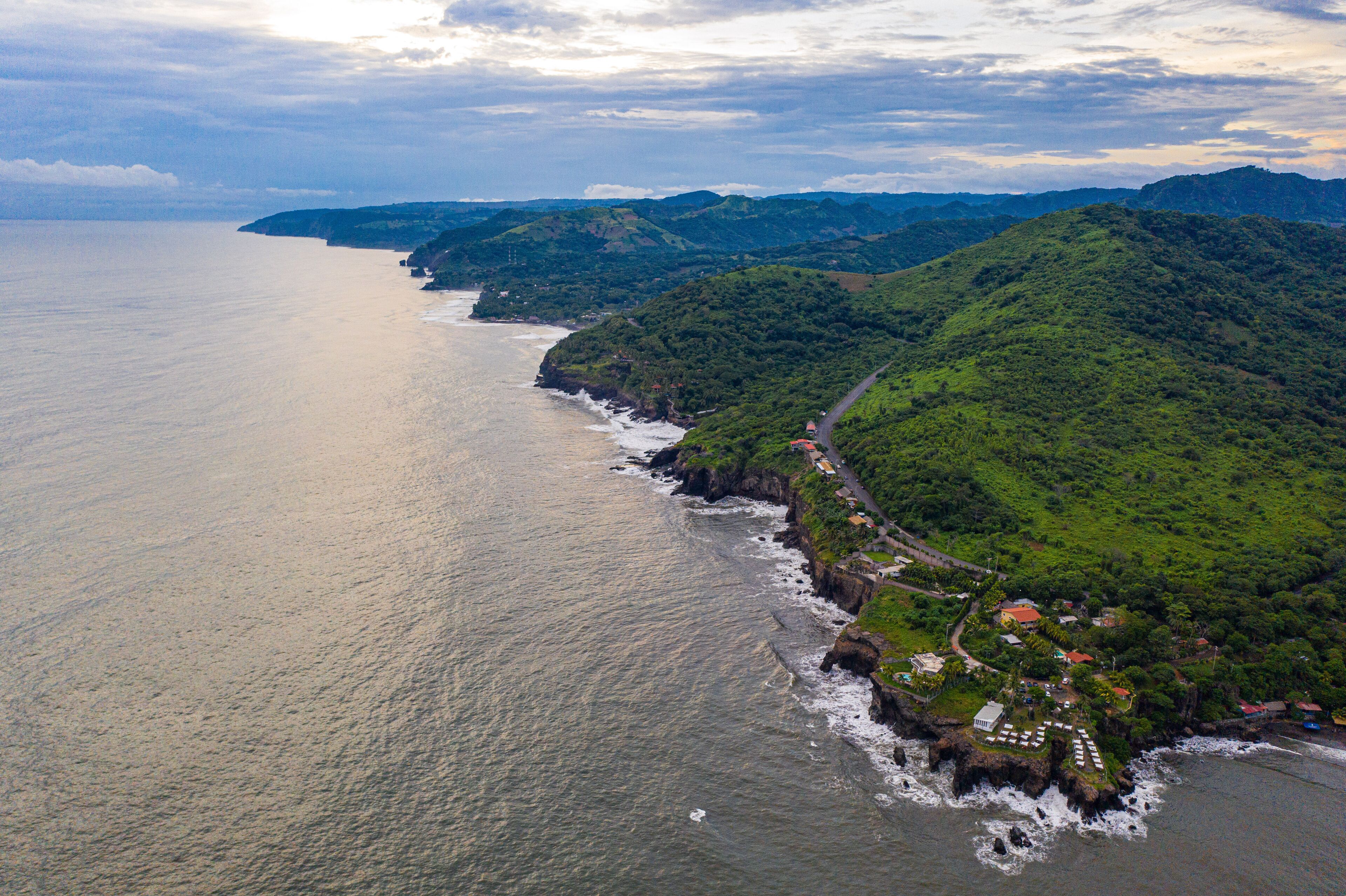 Aerial view of sea waves and fantastic Rocky coast, El Salvador