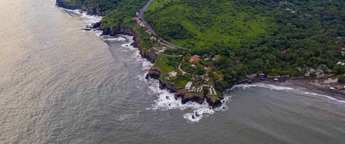 Aerial view of sea waves and fantastic Rocky coast, El Salvador