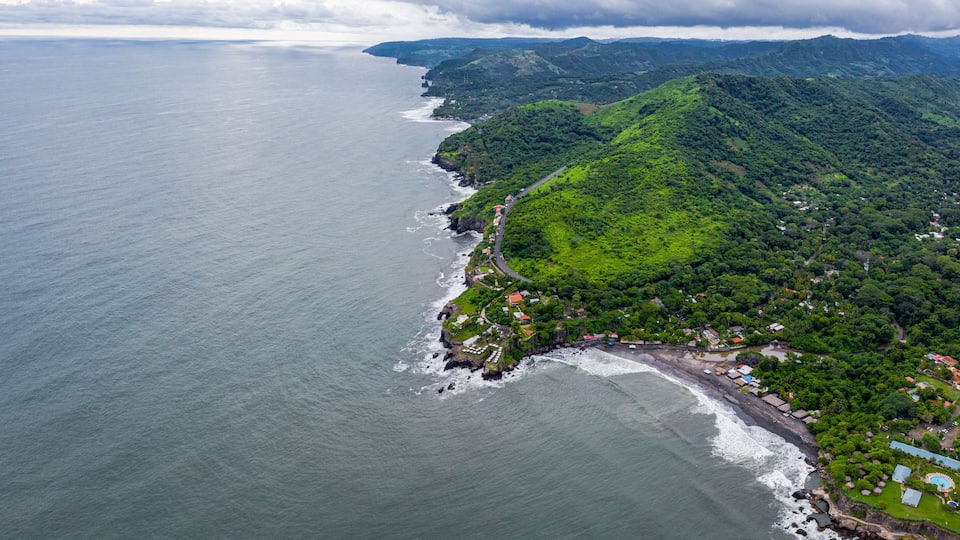 Aerial view of sea waves and fantastic Rocky coast, El Salvador
