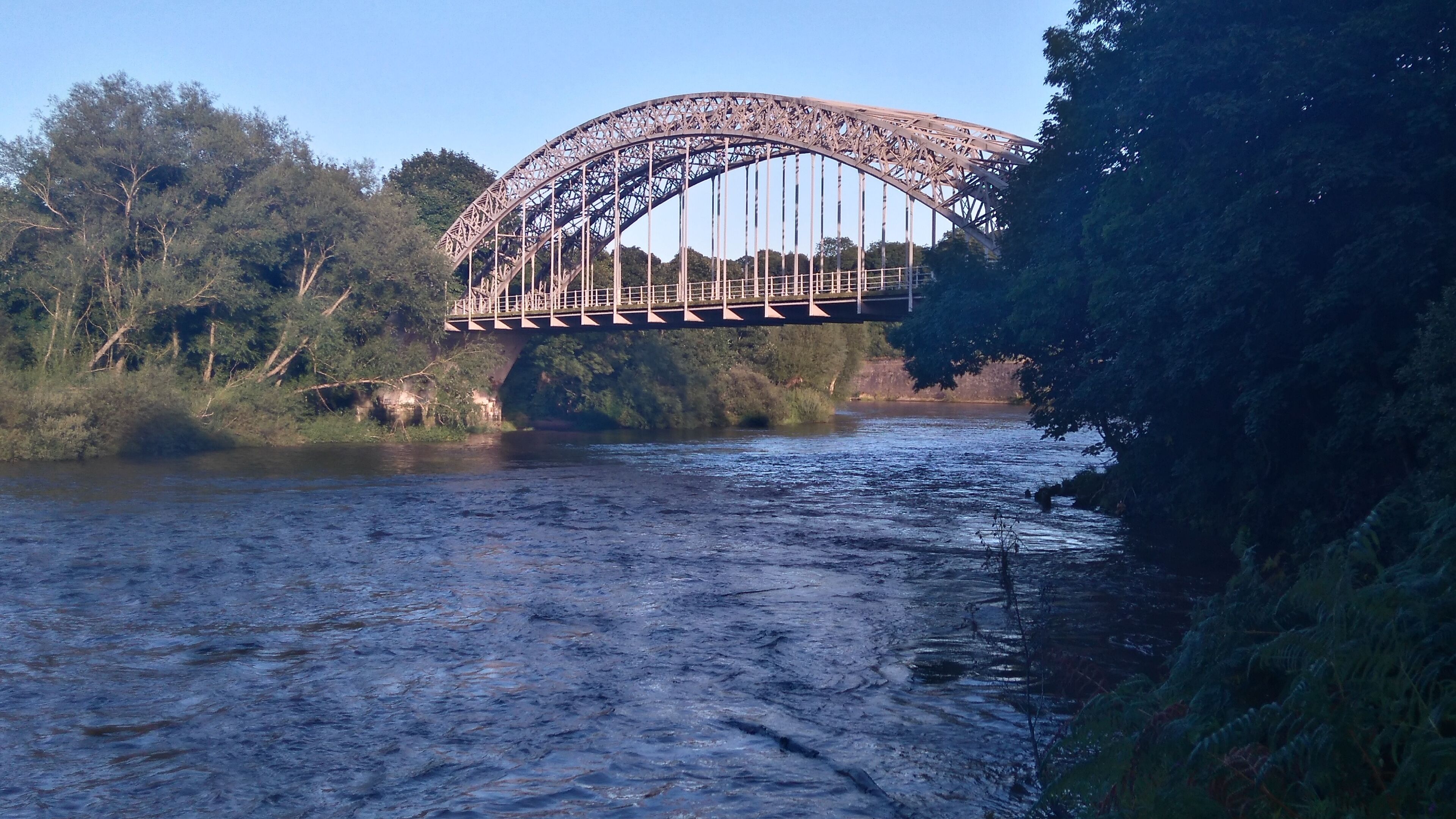 A steel arch bridge over a river with dense forest on both sides.