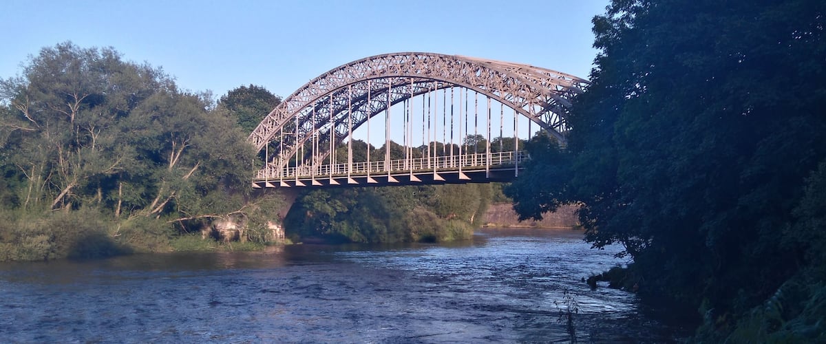 A steel arch bridge over a river with dense forest on both sides.