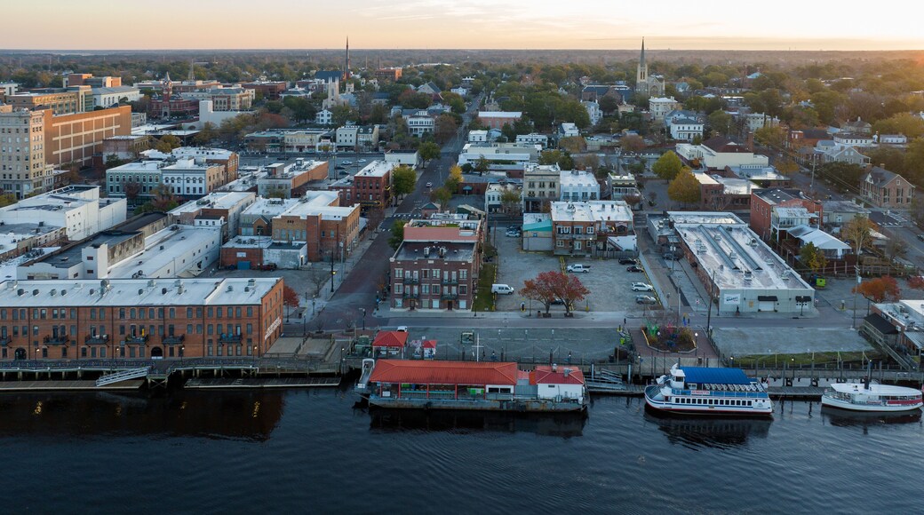 Aerial view of historic downtown Wilmington, NC. Riverwalk next to the Cape Fear River.
