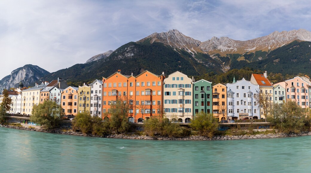 Panoramic view of colorful historic buildings in Innsbruck city, Austria.