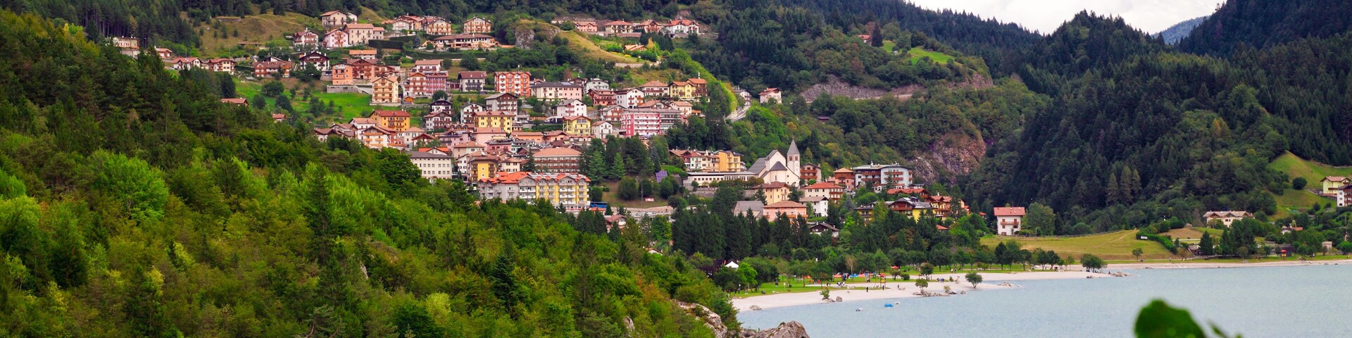 view of molveno lake on italian alps