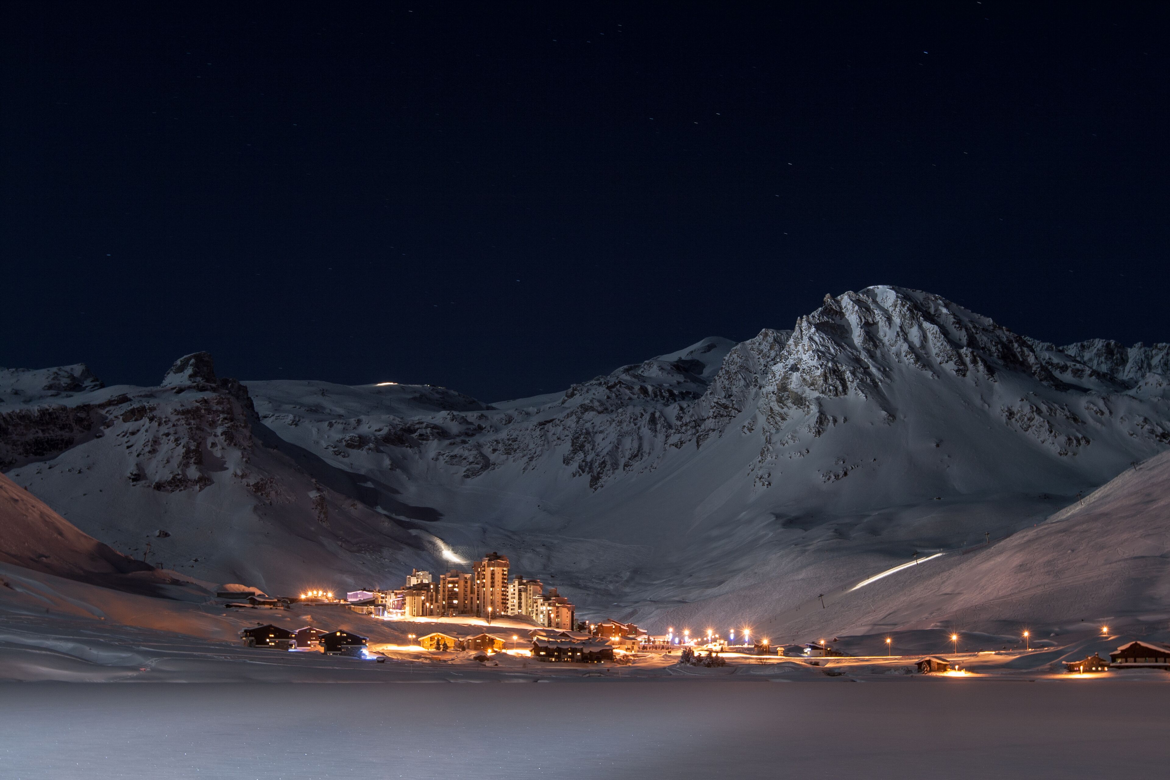 Tignes Val Clares at night shines in surrounded by mountain peaks, Shutterstock ID 128704817, Purchase Order: -