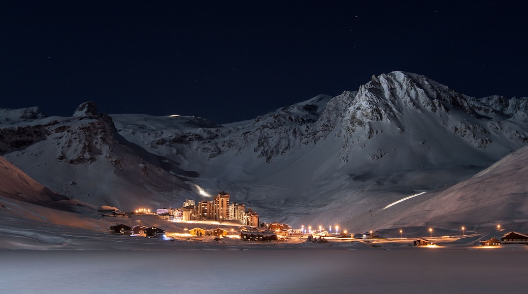 Tignes Val Clares at night shines in surrounded by mountain peaks, Shutterstock ID 128704817, Purchase Order: -