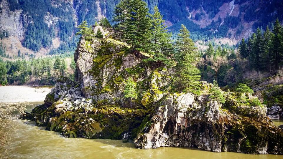 A rocky riverbank with a forested mountain backdrop.