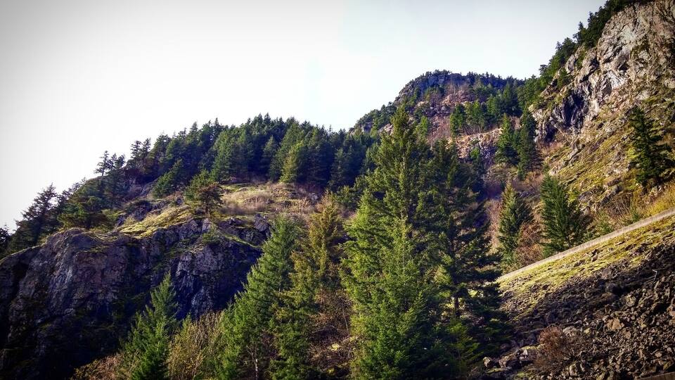 A mountainous landscape with dense forests and rocky cliffs.