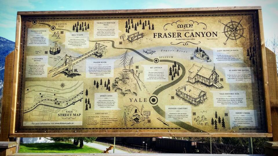 A detailed map of the Fraser Canyon area, highlighting landmarks like Spirit Caves, Lady Franklin Rock, and the Alexandra Bridge.