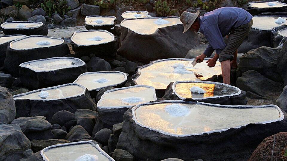 A person collecting salt from large rock pools in a natural setting.