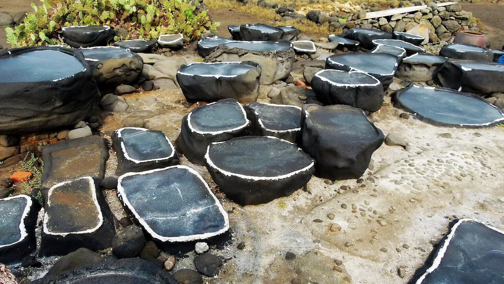 A collection of large, flat stones with white edges, arranged on a rocky terrain with sparse vegetation.