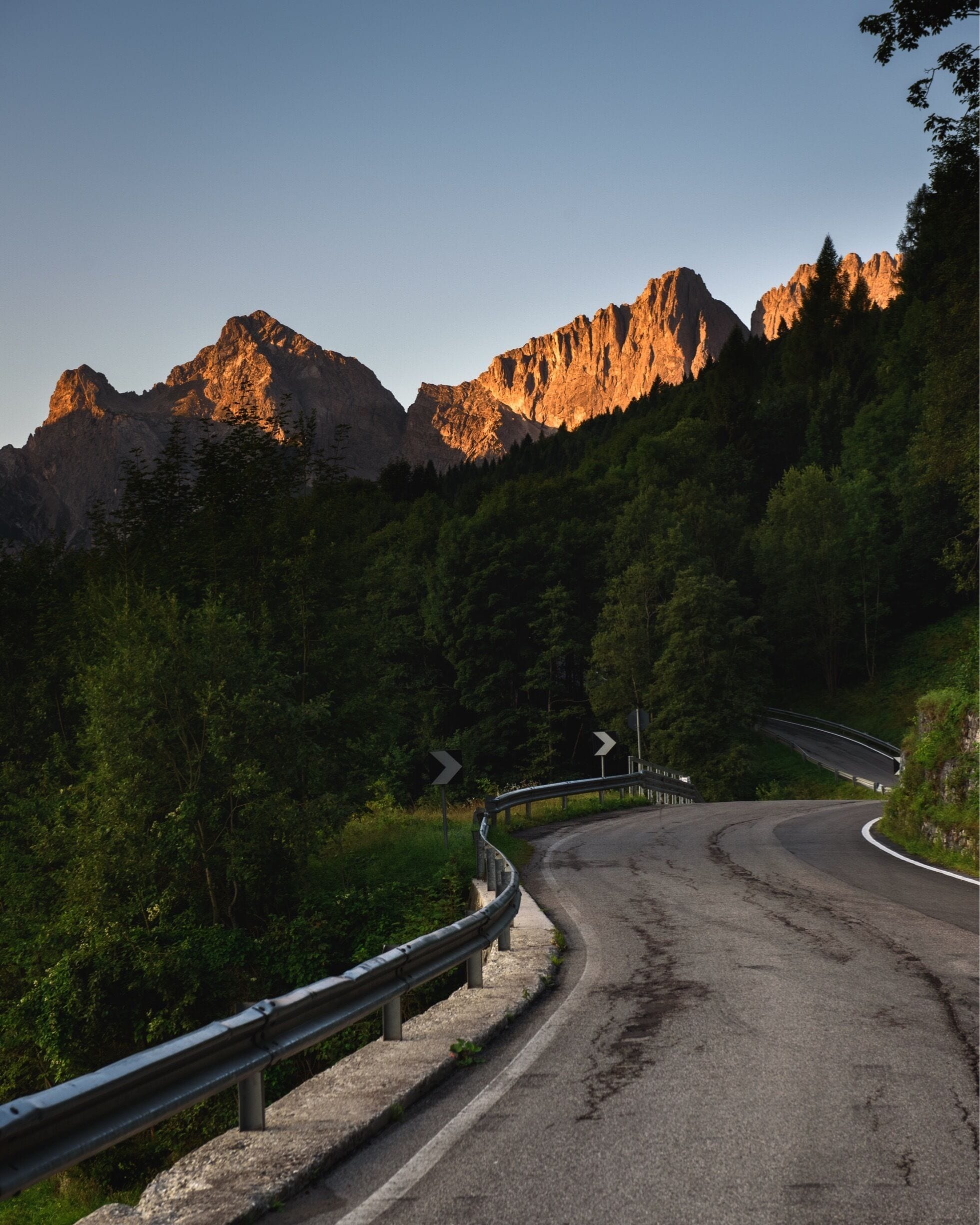 A winding mountain road with guardrails, surrounded by dense forest and rocky mountains.