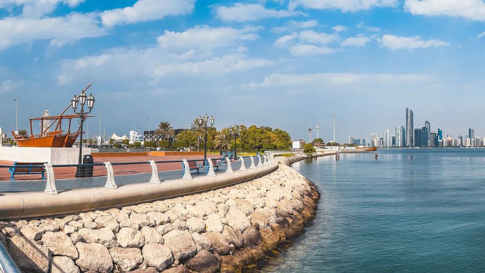 Abu Dhabi Corniche promenade in Al Marina, cycle and pedestrian pathways in United Arab Emirates