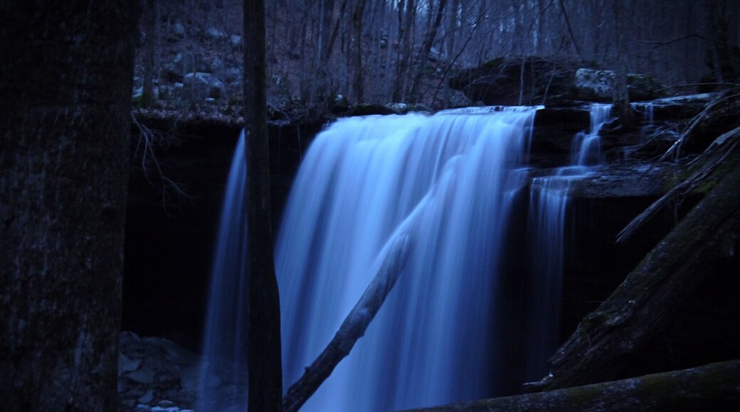 One of three big waterfalls on the Virgin Falls Trail in Scott's Gulf. Night time full moon slow shutter picture of Big Laurel Falls.