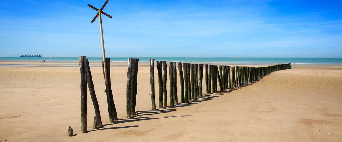 A beach with a wooden fence and a ship in the distance.