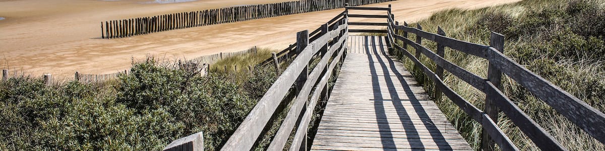A wooden boardwalk leading to a sandy beach with the ocean in the background.