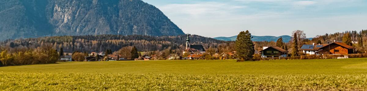 Beautiful alpine far view of Grossgmain, Salzburg, Austria seen from near Bayerisch Gmain, Bavaria, Germany