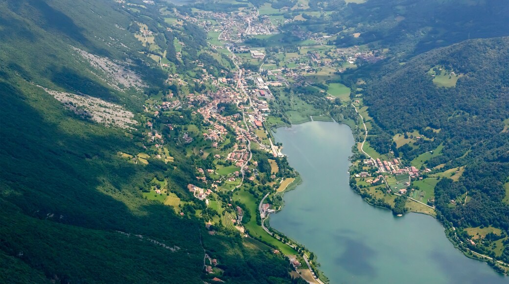 aerial of Gaiano village on eastern side of Endine lake , Italy