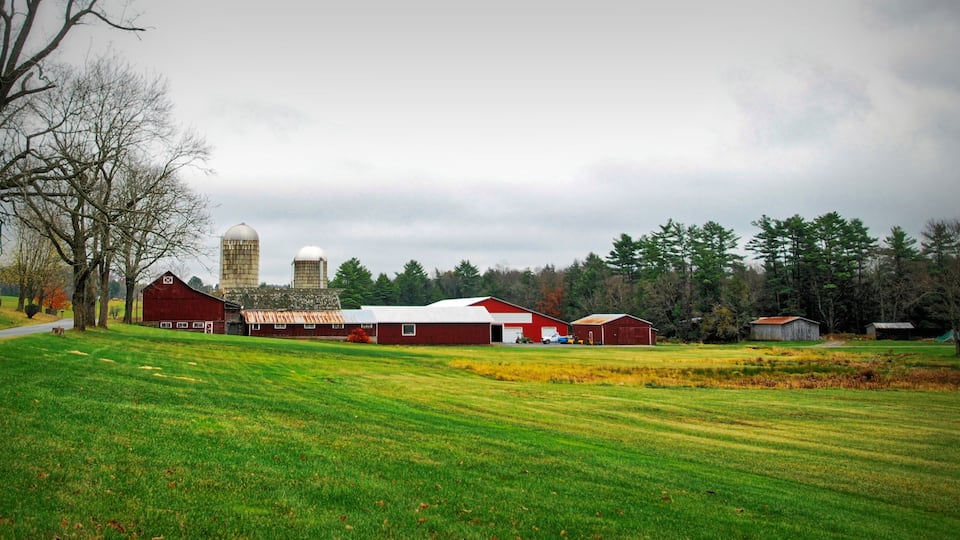 A rural landscape with a red barn, a silo, and a farmhouse.