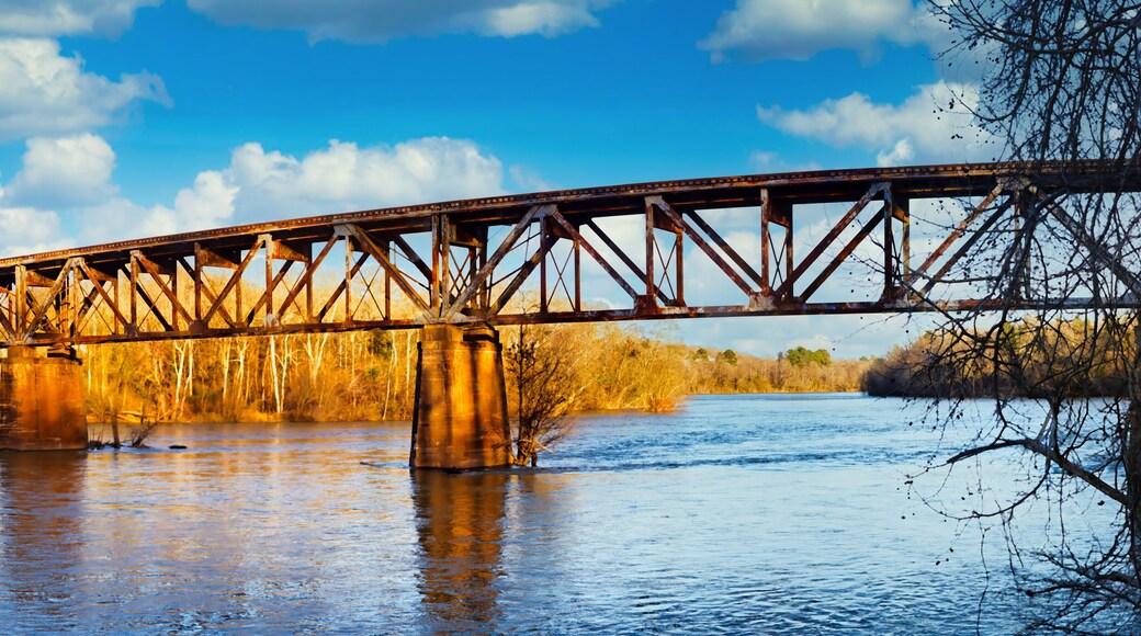 An old train trestle crossing the Catawba river in South Carolina, USA.
