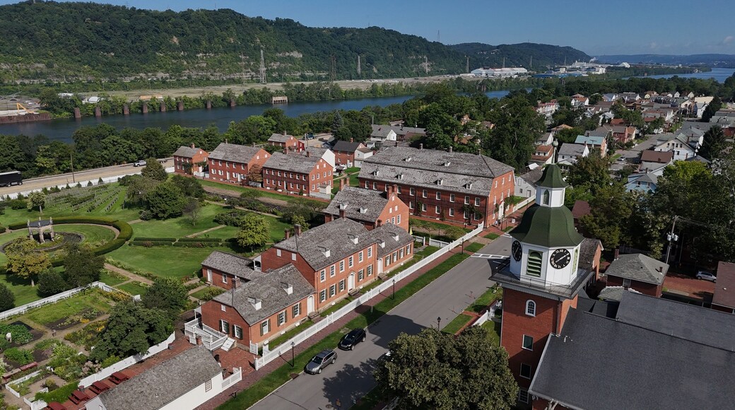 defaultAn aerial establishing shot of the small Pennsylvania town of Ambridge, Beaver County. Ohio River in the distance, small church in the foreground. Pittsburgh suburbs.