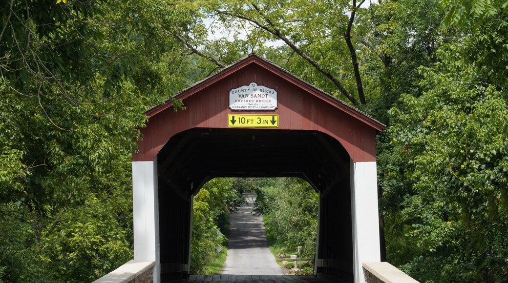 Historic Van Sandt covered bridge, also known as the Beaver Dam Bridge is a Town truss bridge, built with overlapping and connected triangles that distribute weight equally over the length.