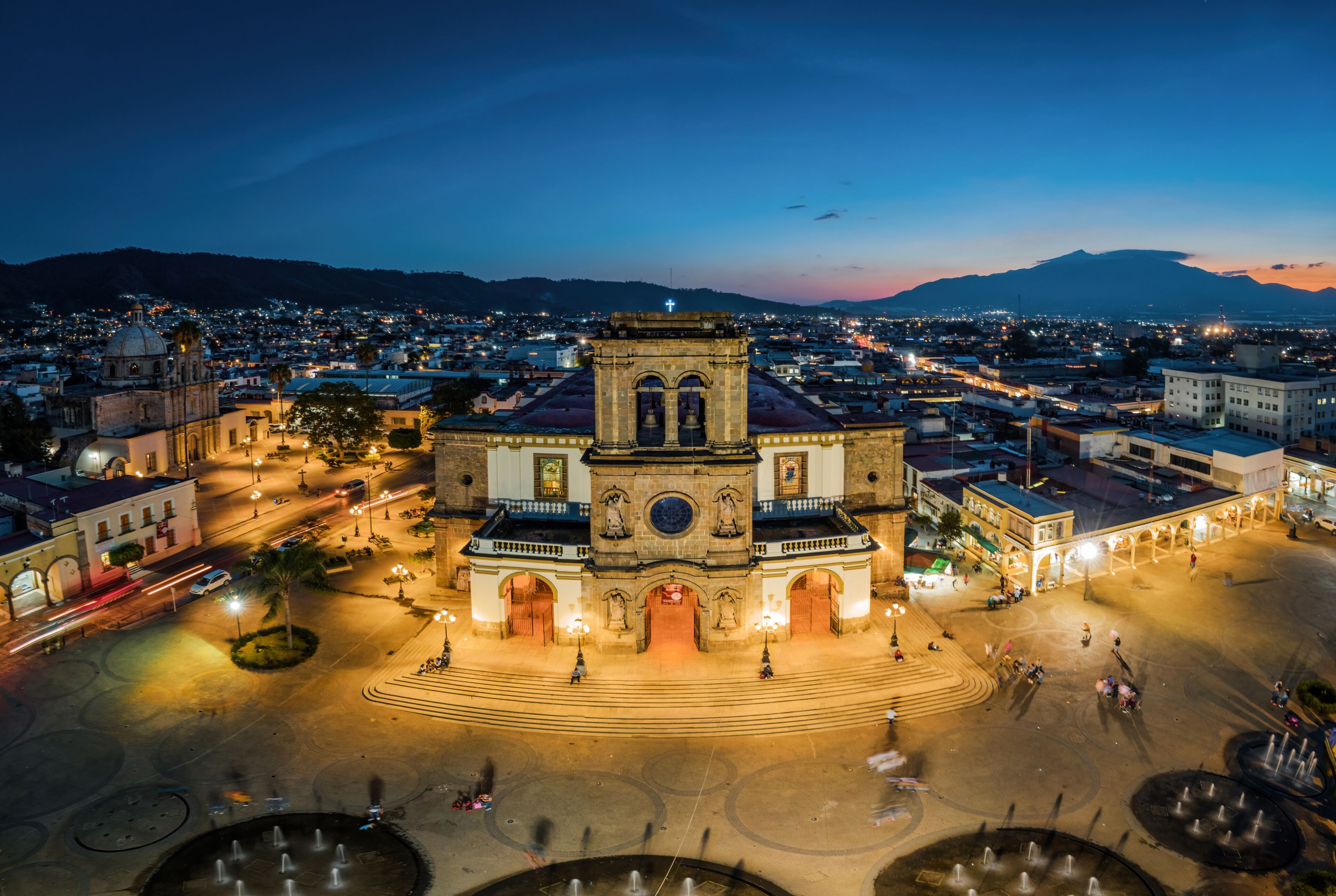 Aerial fisheye view of the San Jose cathedral at night in Ciudad Guzman, Jalisco, Mexico